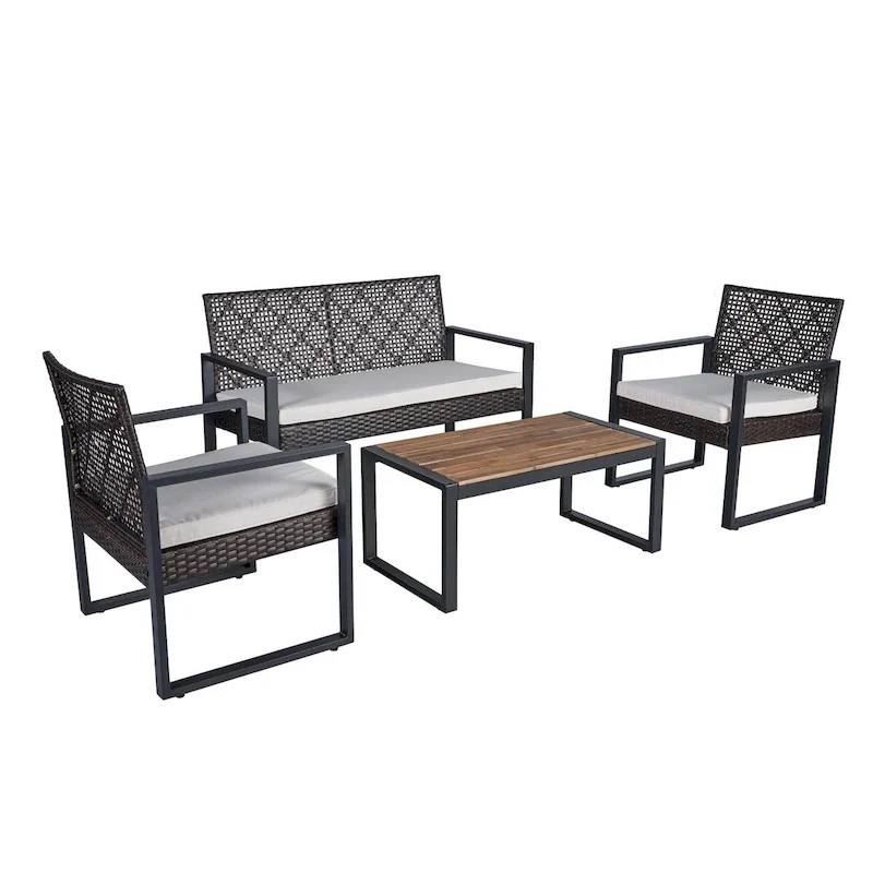 4-Piece Patio Furniture Set Outdoor Balcony Porch Garden Backyard Lawn Furniture Acacia Wood Table Top,Brown and Beige Cushion
