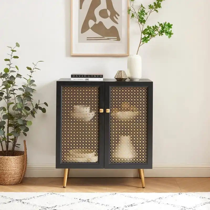Rustic Oak / Black / White Wood Buffet Sideboard Storage Cabinet, 30.8