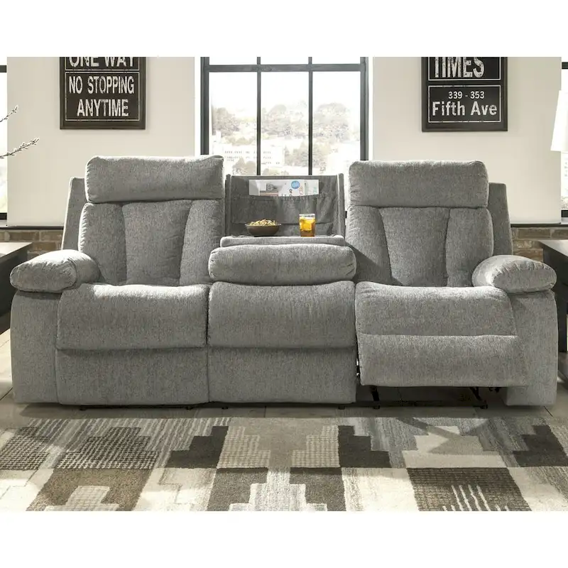 Gray Contemporary Double Reclining Sofa with Drop-Down Table