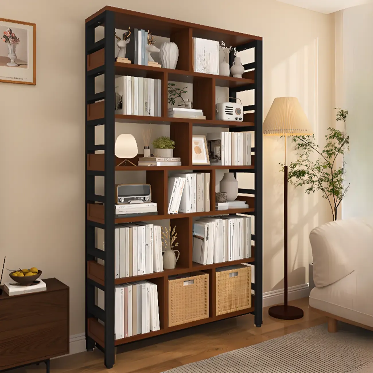Vertical Walnut Wood Shelf Open Back Etagere Bookcase