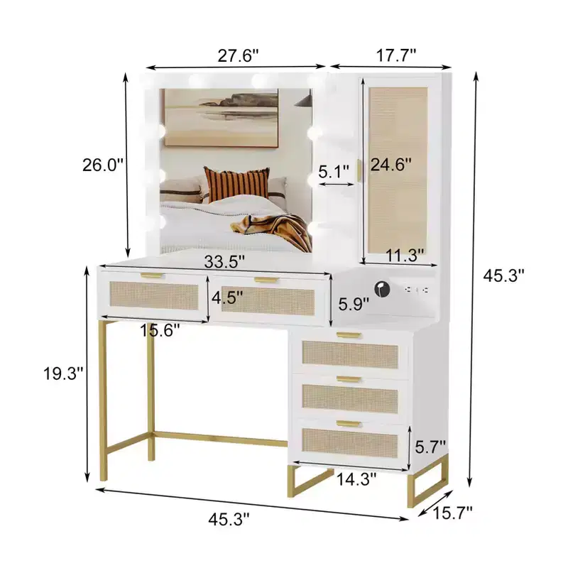 GustoWave Modern Vanity Makeup Desk with Vanity Mirror, Built-in Lights, 5 Drawers, Power Outlet, Makeup Desk for Bedroom, White & Gold