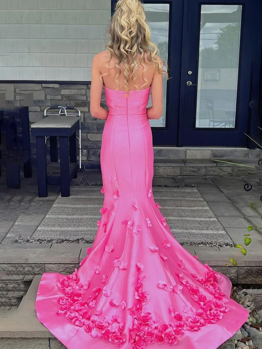 Pink Strapless Mermaid Sleeveless Appliques Long Prom Dress