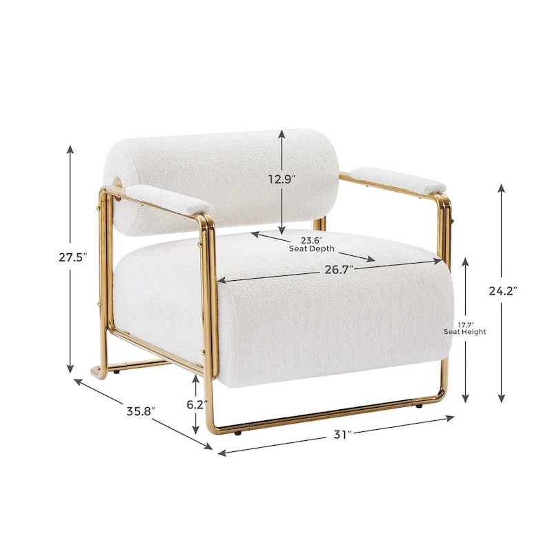 VANOMi 31 Wide Futuristic Velvet Armchair With Glossy Gold Frame Cylindrical Backrest