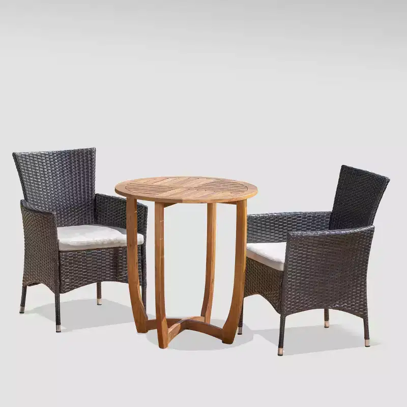Ellie 3pc Acacia Wood Wicker Bistro Set - Brown/Beige - Christopher Knight Home: Weather-Resistant with Polyester Cushions