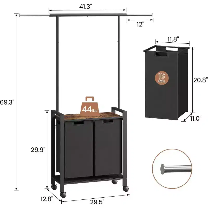 COZONY Laundry Sorter Cart with Hanging Rack & Shelf, 2/3/4-Section Rolling Laundry Hamper with Lockable Wheels, Black