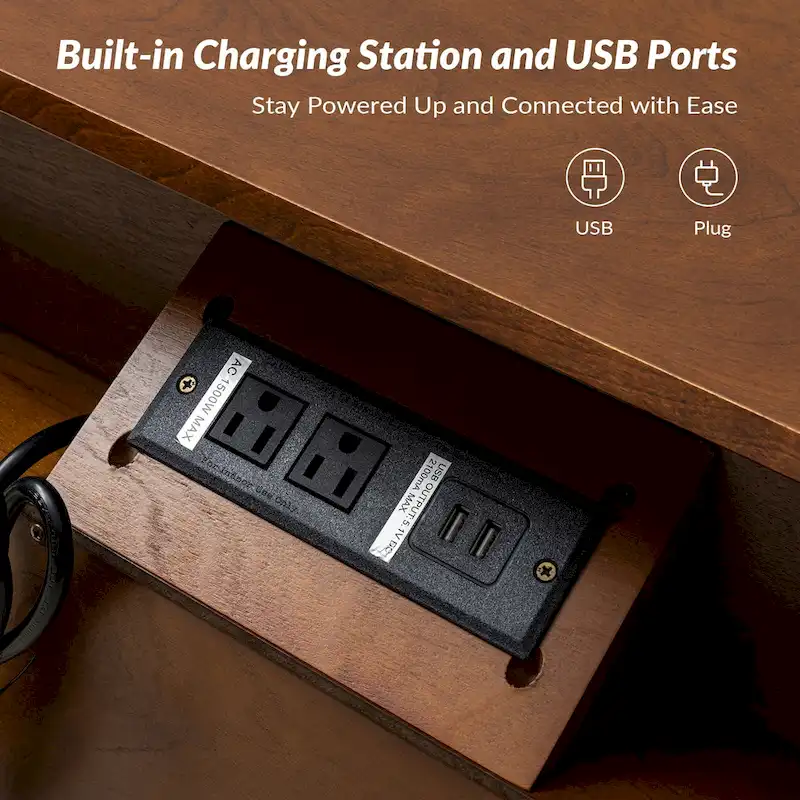 2-Drawer Nightstand with Built-In Outlets and Pull-Out Tray