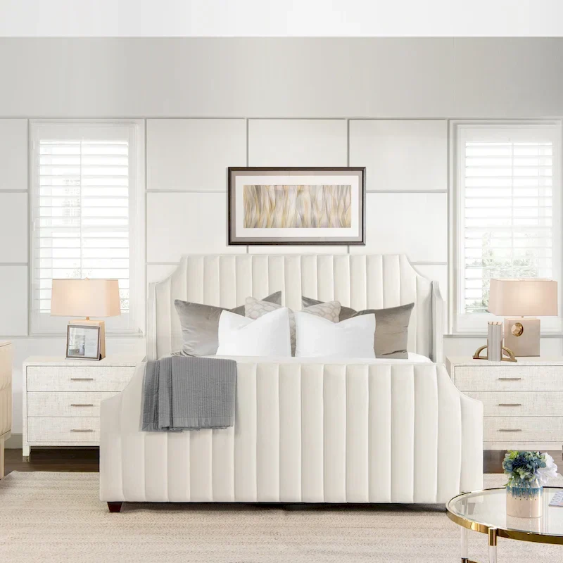 Cloud White / Silver Grey Velvet & Polyester Channel Tufted King Panel Bed, 2-Person