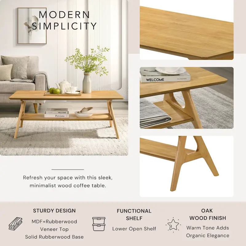 Roundhill Furniture Arona Mid-Century Modern Wood Coffee Table with Shelf