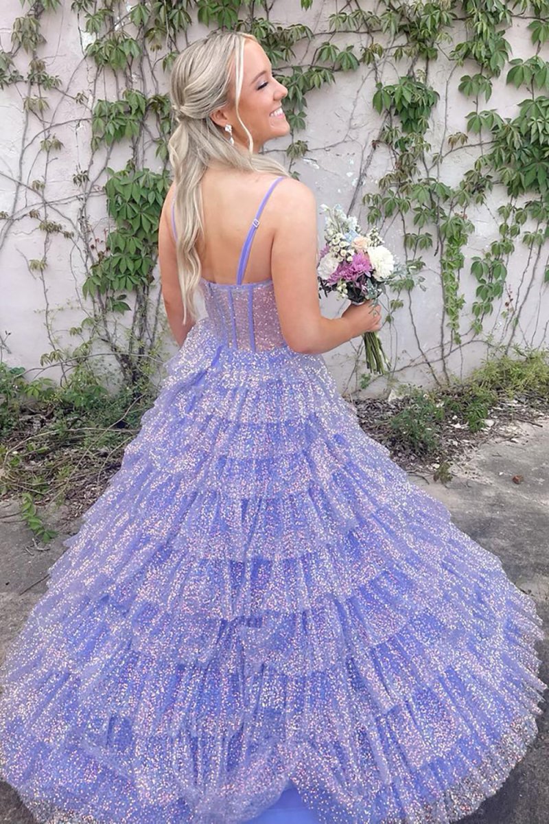 Glitter Tulle Corset Ruffle Tiered Long Prom Dress with Slit
