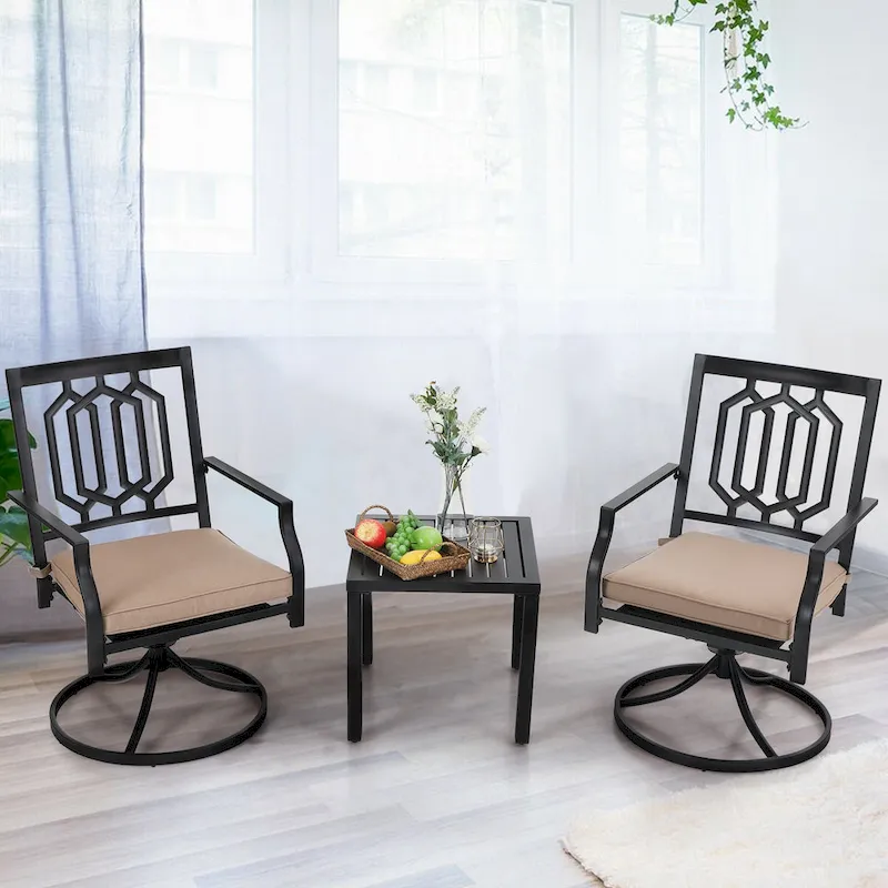 MAISON ARTS 3-Pcs Outdoor Dining Set,1 Steel Swivel Dining Chair with Cushion and 1 Black Small Metal Square Coffee Table