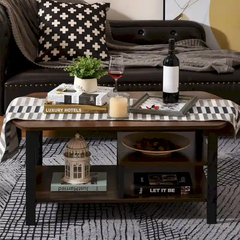 Vintage Industrial Coffee Table with Under-Top Storage Shelves, Dark Wood