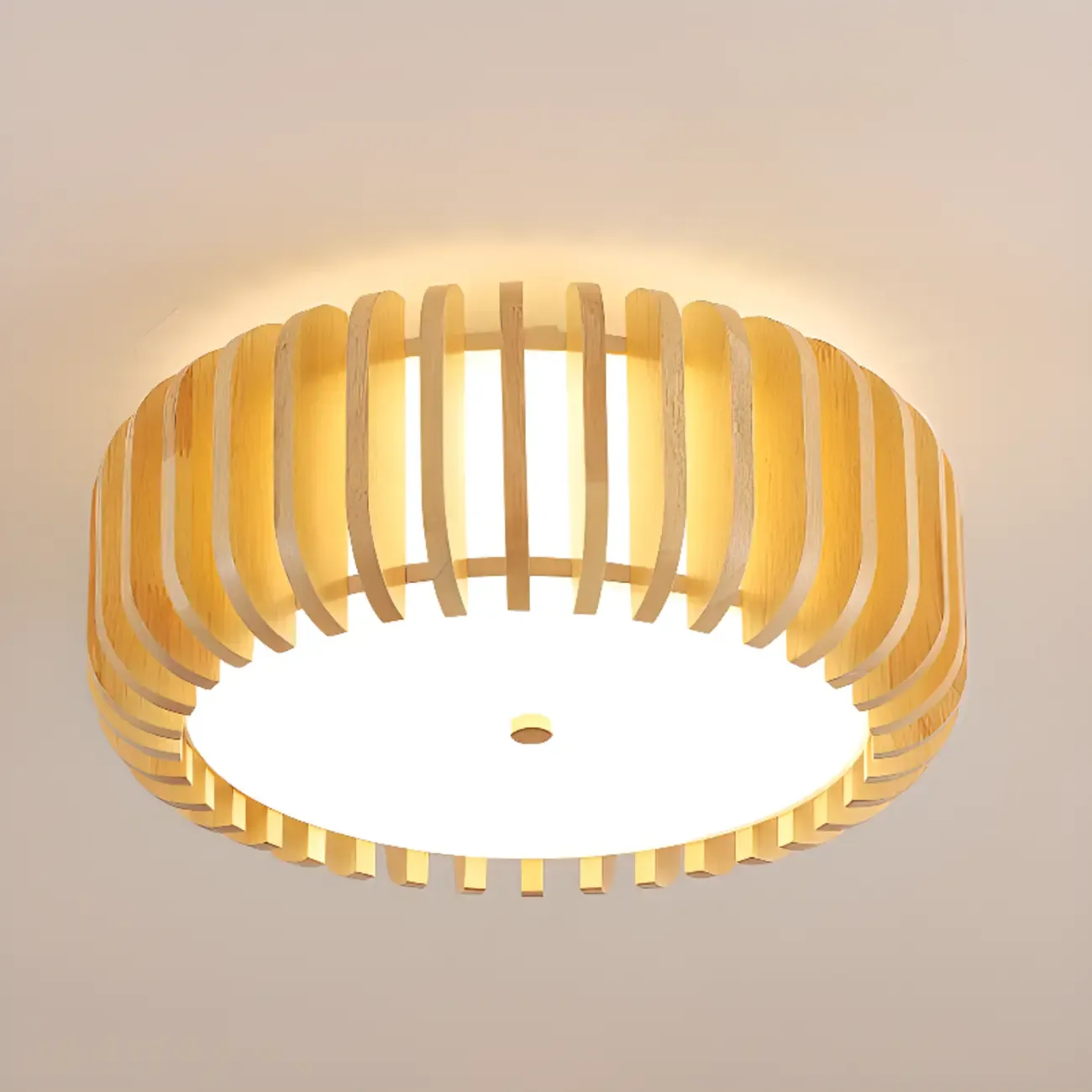 Natural Wood Circular Dimmable LED Flush Mount Ceiling Light