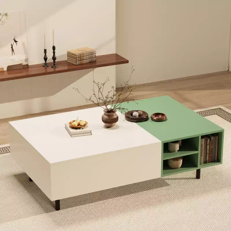 51.2 Inch Modern Color Block Coffee Table with Storage Mint Green and White Center Table with Drawers and Open Shelf for Living Room Gaoyangjiaju
