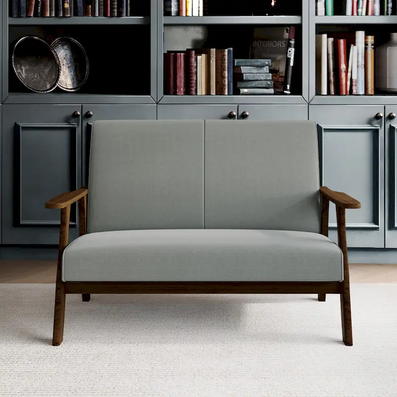 Mid-Century Modern Loveseat 2-Seater Sofa with Wooden Arms - Light Gray Linen Upholstery 46.69