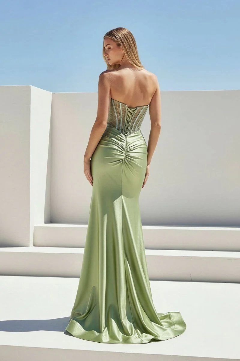 Sage Strapless Mermaid Satin Beaded Long Prom Dresses With Slit