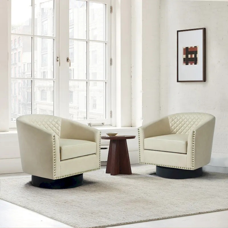 Faux Leather Nailheads Swivel Barrel Chair Set of 2