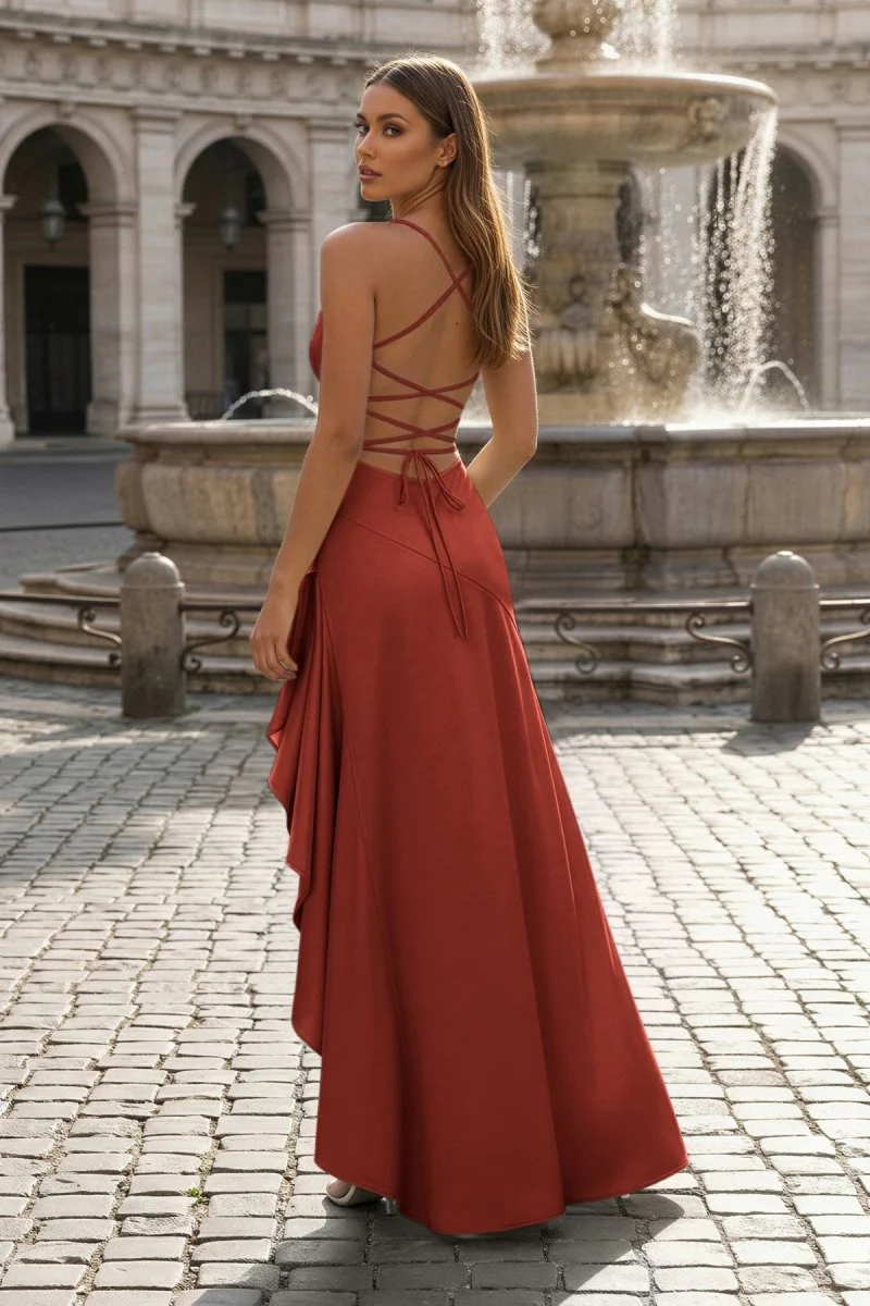 Rust - Spaghetti Straps Sheath Satin High Low Prom Dresses With Ruffles