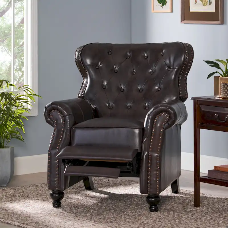 Brown Tufted Pushback Recliner with Nailhead Trim