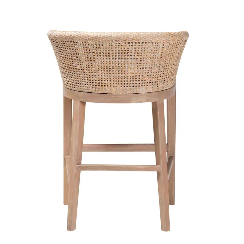 Papua Modern Bohemian Natural Rattan and Acacia Wood Counter Stool