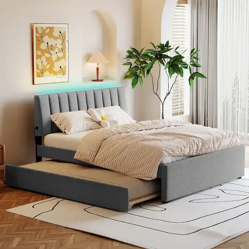 Upholstered Platform Bed with Trundle and LED Lighting