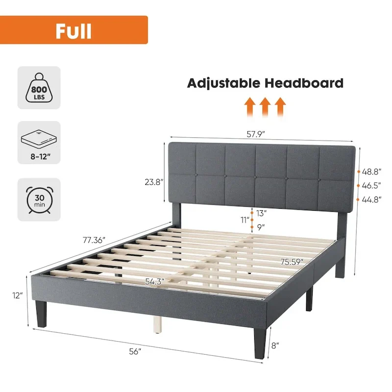 Gray / Dark Grey Linen Upholstered Platform Bed with Adjustable Memory Foam Headboard (Twin / Full / Queen)