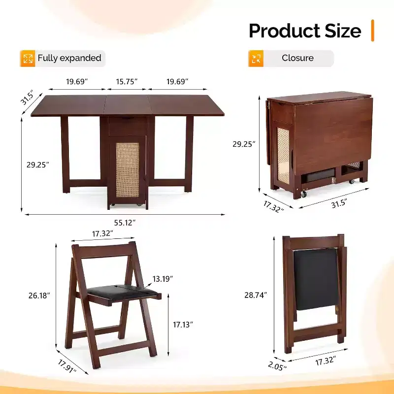 VINGLI 5-Piece Folding Dining Table Set, Extendable Drop Leaf Solid Wood Table with 4 Chairs, Drawers & Wheels