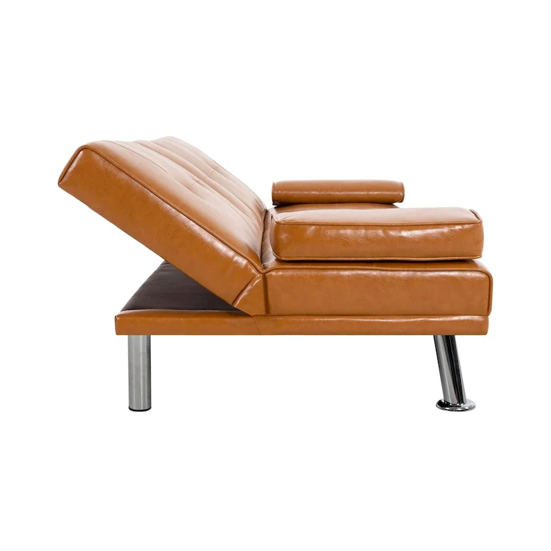 Futon Sofa Bed Couch with Armrest & Cupholders, Faux Leather Sofa Bed Couch Convertible Folding Reclining Small Couch