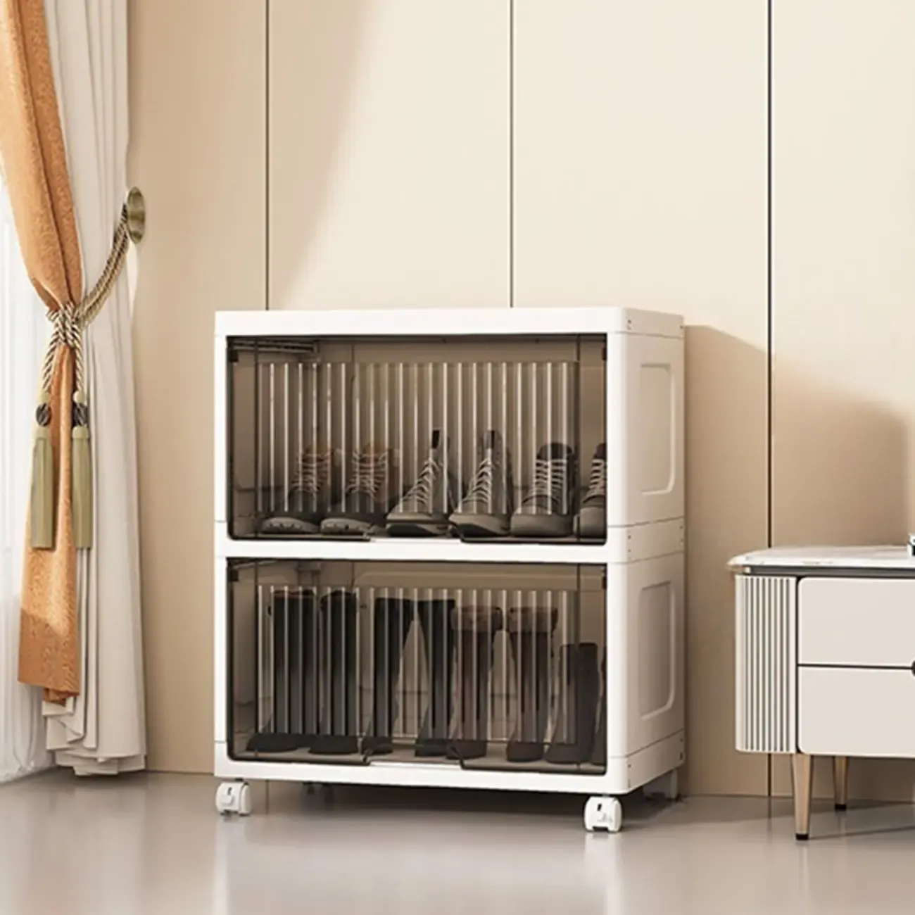 Hallway White Plastic Drop-Front Shoe Cabinet with Casters