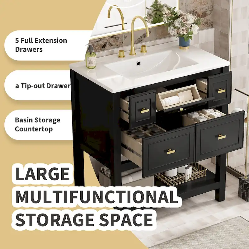 30 Bathroom Vanity with Ceramic Sink Combo, Free Standing Single Vanity Set with 5 Drawers