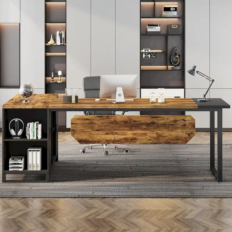 Walnut L-Shaped Executive Desk with File Cabinet