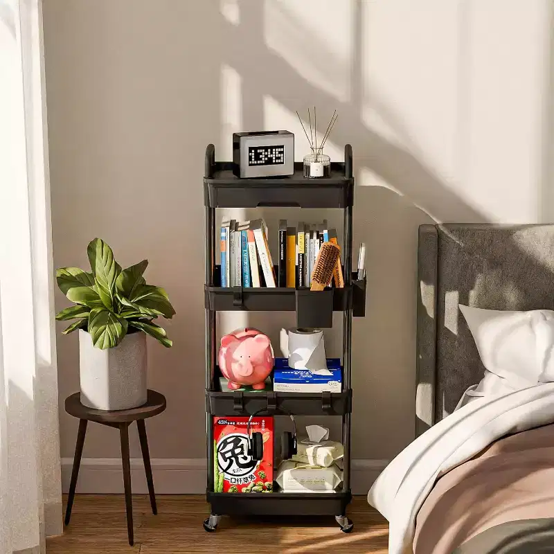 Aeelleea 4 Tier Rolling Utility Cart with Drawer, Plastic Storage Organizer Cart with Wheels, Lockable Caster for Kitchen, Bathroom, Office, Bedroom