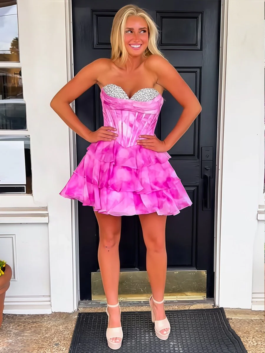 Fuchsia - Strapless A Line Chiffon Tiered Homecoming Dress With Beading