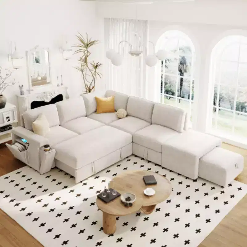 L-shaped Padded Modular Sofa with Storage Space, USB Ports, and Cup Holders on the Armrests, Suitable for Living Rooms, Offices, and Apartments.