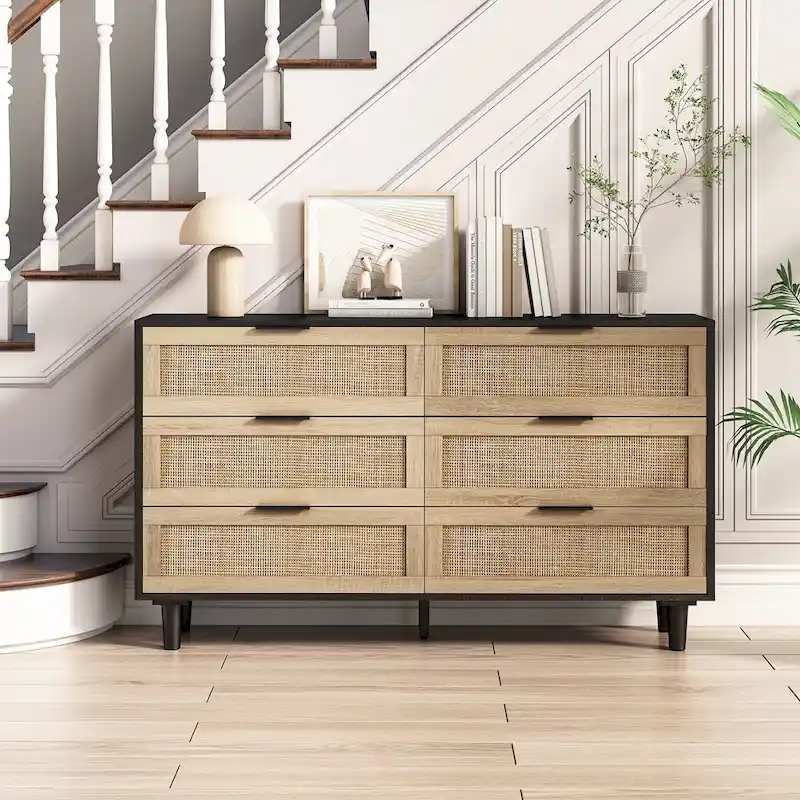 Black & Natural / Natural Rattan 6-Drawer Storage Dresser, 1-Person Use