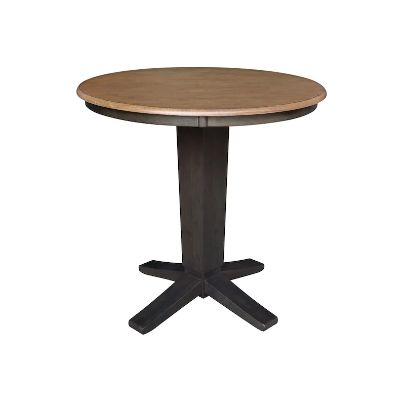 Round Solid Parawood Counter Height Pedestal Dining Table – Black / White / Distressed Oak / Unfinished / Hickory