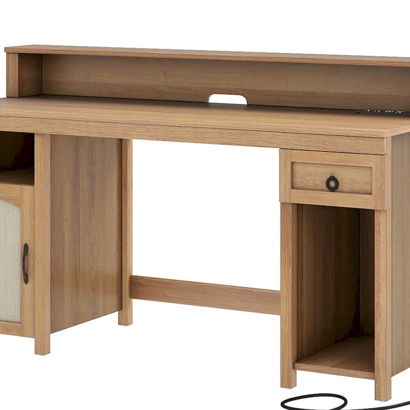 Moasis Farmhouse Wood Office Desk with Drawer and LED Strip & Power Outlets