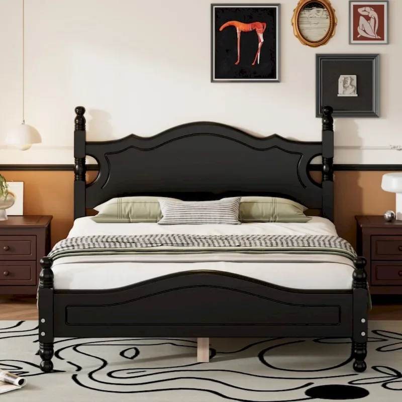 Full Size Retro Wood Platform Bed Frame, White/Black, Wooden Slat Support, 1-Person
