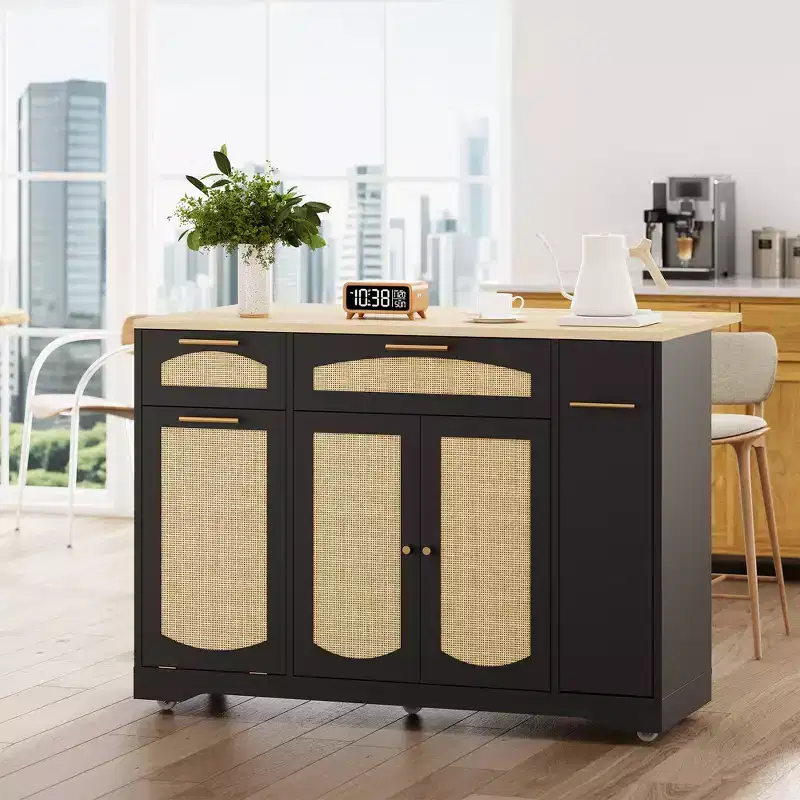 Kitchen Island on Wheels, 53.1 Wide Rattan Rolling Kitchen Island Cart, Drop Leaf Breakfast Bar, Tilt Out Trash Can Cabinet, Storage Cabinet