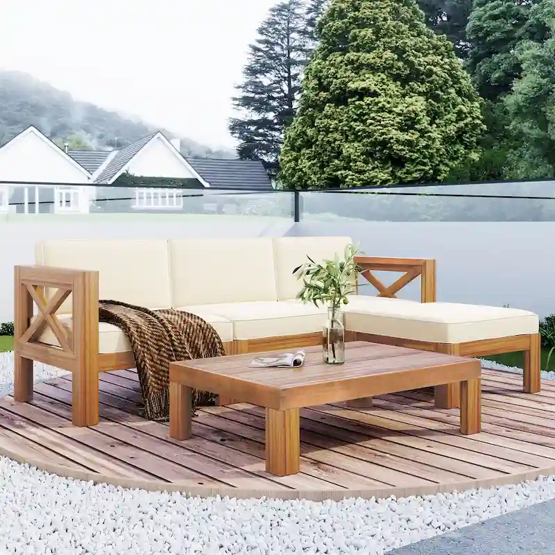 Outdoor Backyard Patio Wood 5-Piece Sectional Sofa Seating Group Set with Cushions, Natural Finish+ Cushions