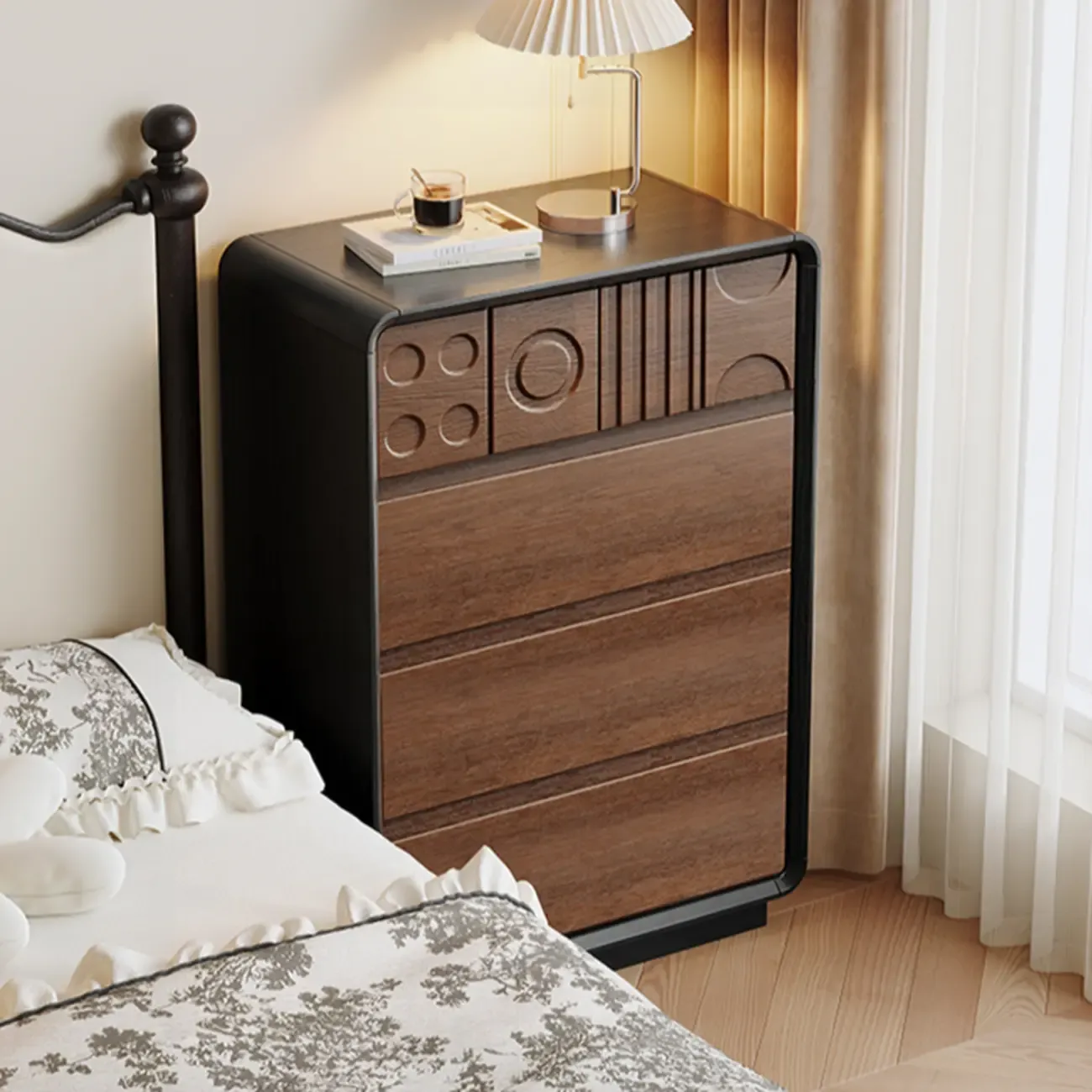 Art Deco Inspired Wood Dresser with Geometric Carvings
