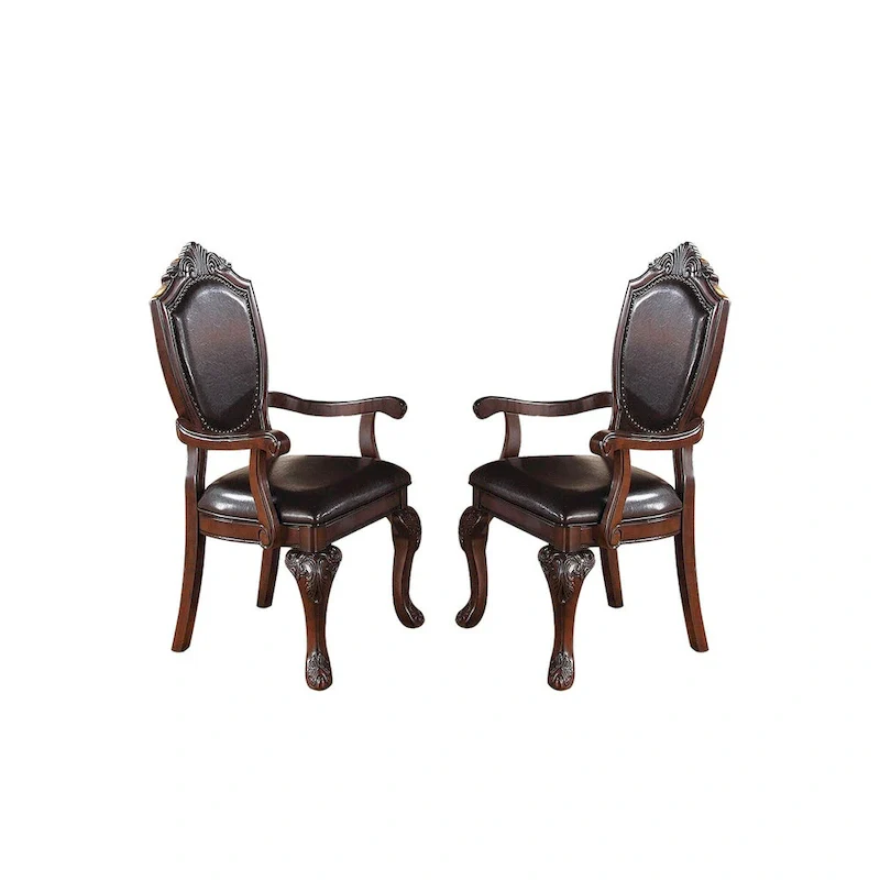 Dining Arm Chairs With Faux Leather Upholstery, Set Of 2, Dark Brown