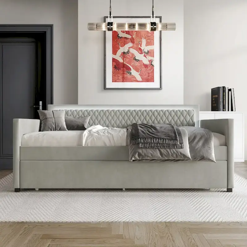 Light Blue / Grey Velvet Daybed with Trundle, 2-Person