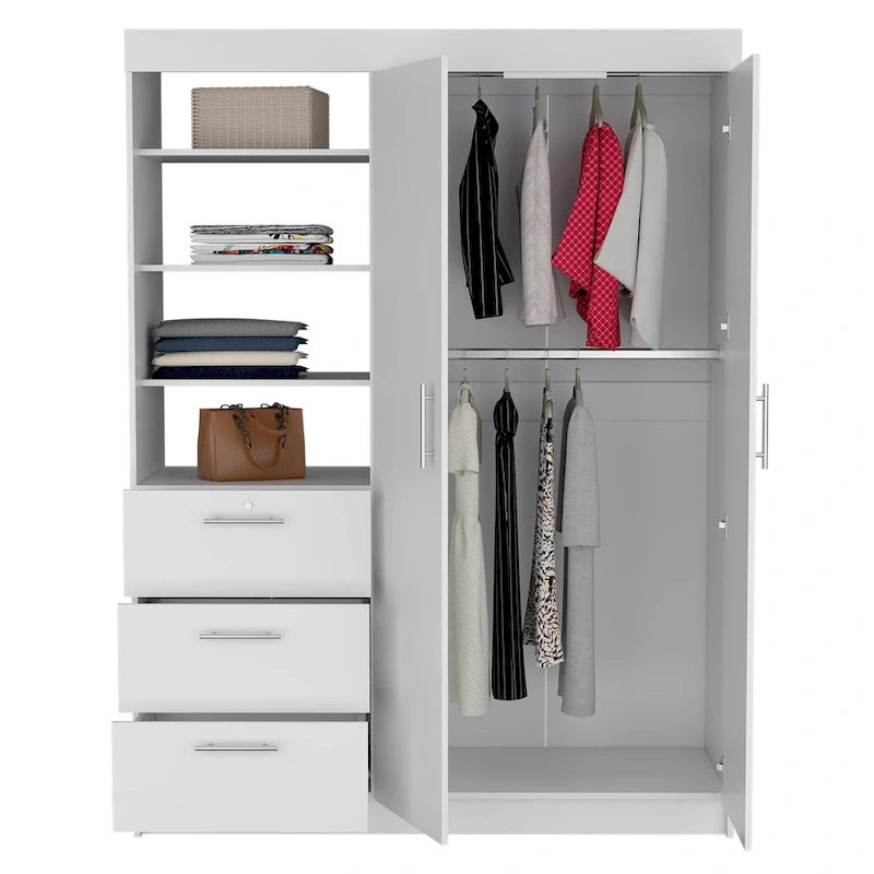 Kenya 3-Drawer Armoire with 3 Upper Shelves, 2 Hangers, Metal Handles, White - N/A