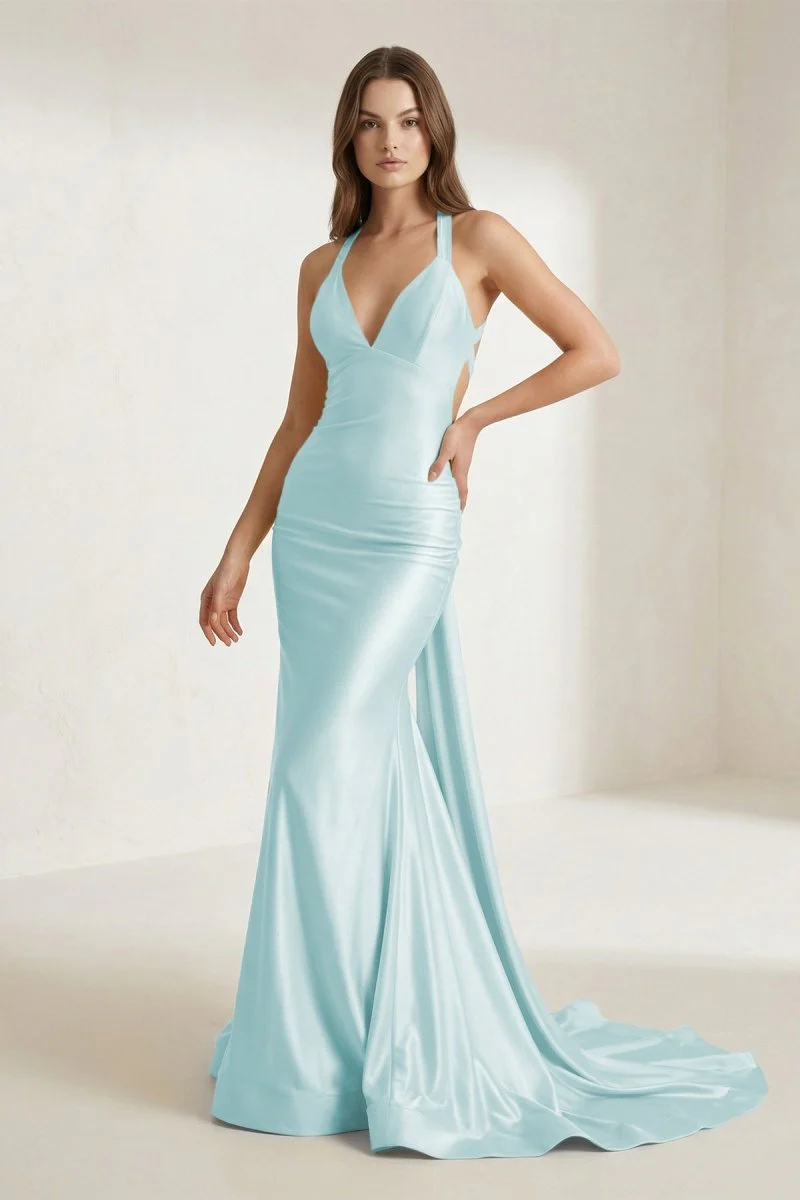 Pink V Neck Satin Mermaid Open Back Long Formal Prom Dresses