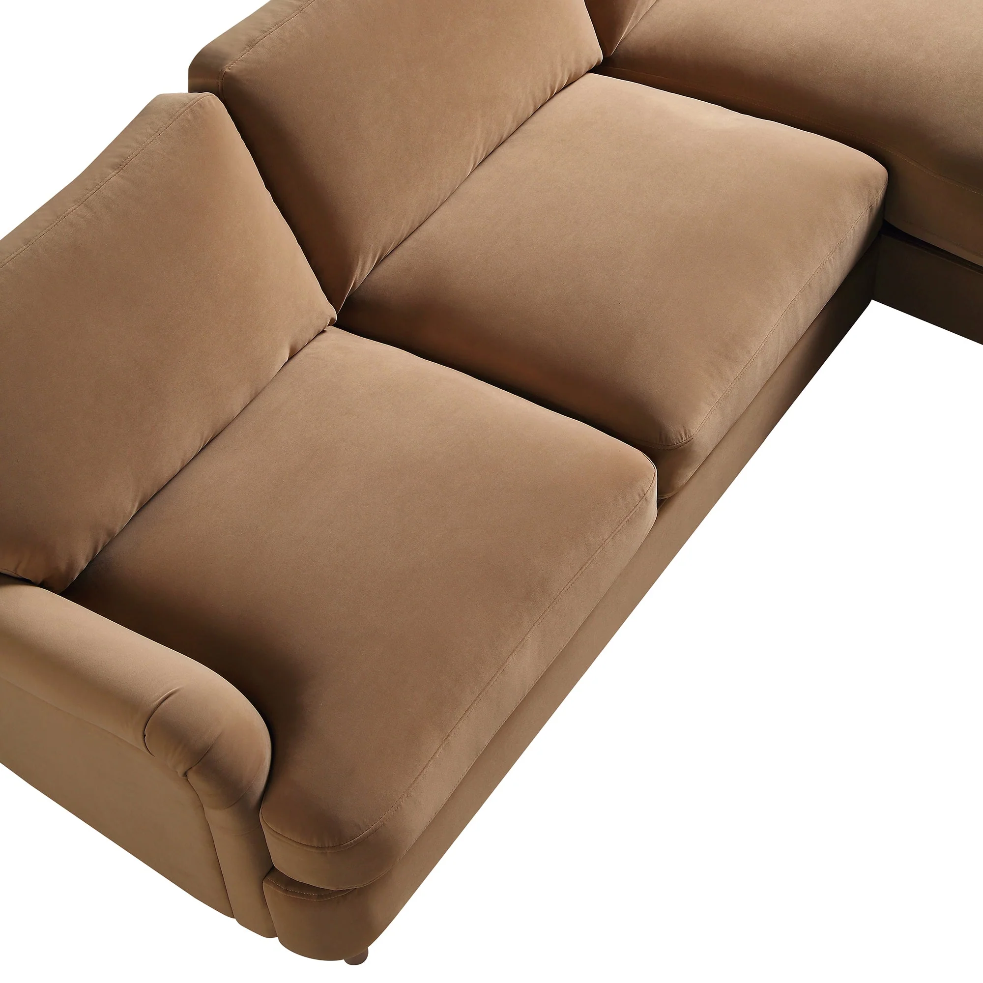 Camel Velvet Sofa, Grande Chaise Sofa Right Hand Facing