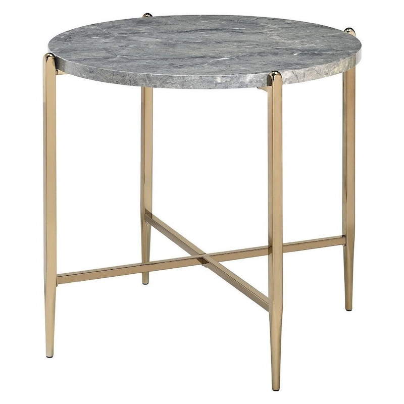 End Table with Oval Marble Top and X Shaped Support - Grey and Gold - 26 L x 26 W x 23.62 H Inches