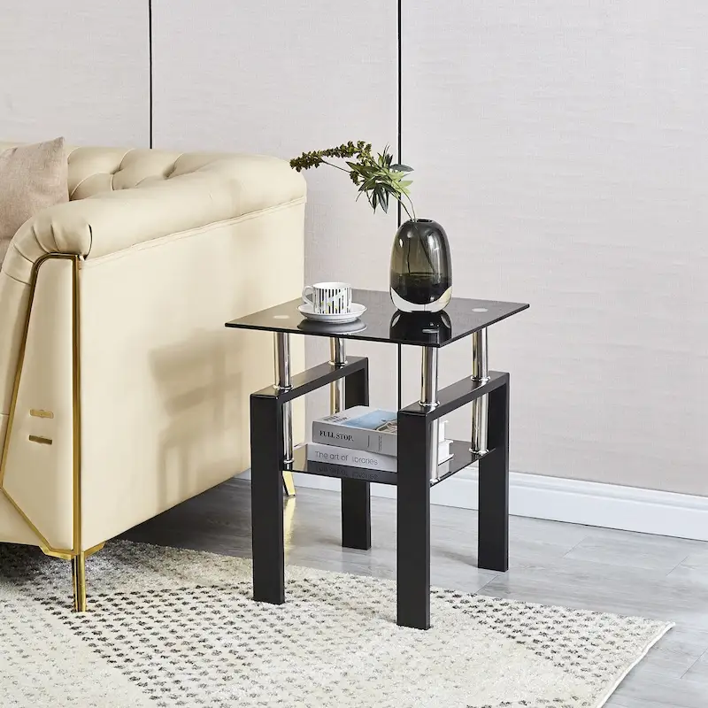 Black / Clear 2-Layer Tempered Glass Sofa Side End Table with Metal Tubular Legs