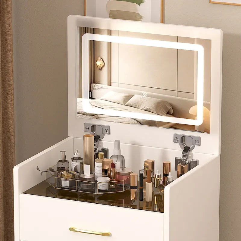 White 3-in-1 Vanity Desk with Flip-Up Mirror, Glass Top, Jewelry Storage and Cushioned Stool – 1 Person