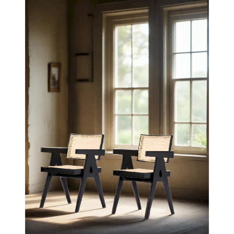 Cane Back & Seat Dining Arm Chair – Black / Natural, Classic Style