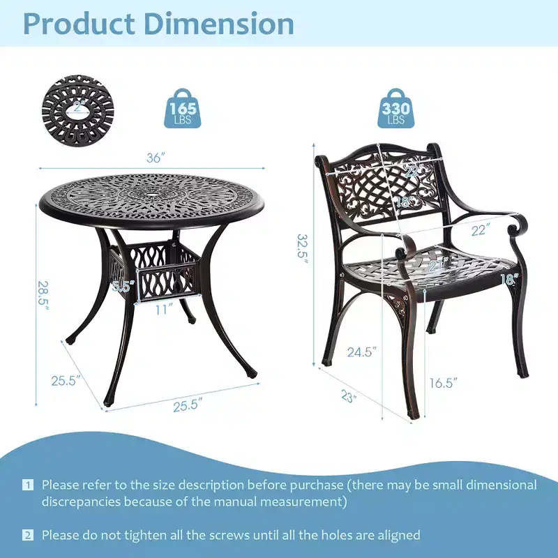 Costway 3 PCS Patio Dining Bistro Set Cast Aluminum Round Patio Table W/Chairs